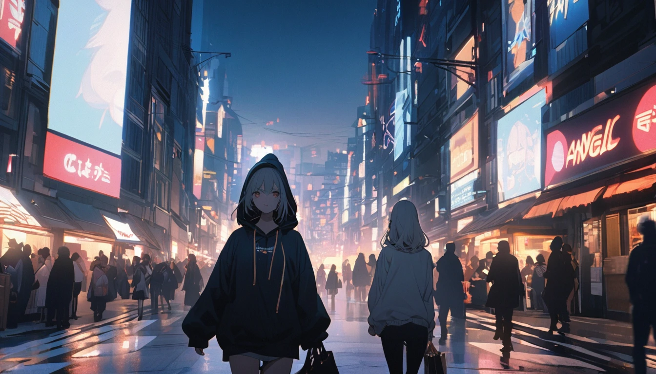 Angelic, Detail of a woman walking, Woman in hoodie, 女性の上にAngelic輪がある, The city's most expensive bill, road, sunrise, horizon, Skyline, In the sky, City of Clouds, colorful, High resolution, 8k