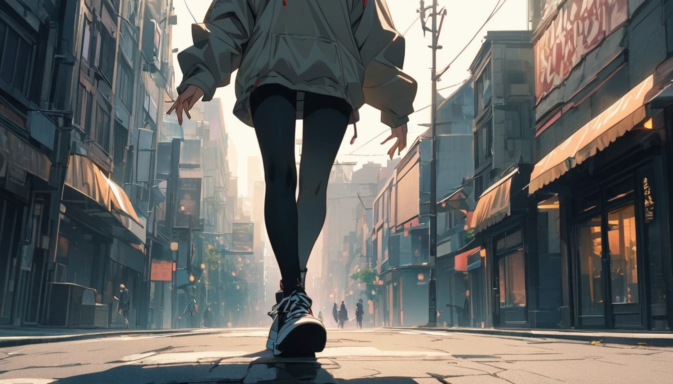 Angelic, Detail of a woman walking, Woman in hoodie, 女性の上にAngelic輪がある, The city&#39;s most expensive bill, road, sunrise, horizon, Skyline, In the sky, City of Clouds, colorful, High resolution, 8k