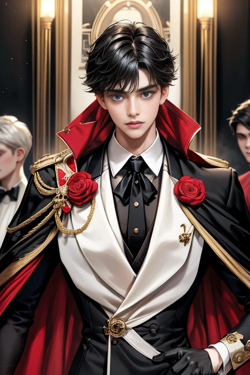 masterpiece, 最high quality, high quality, 1 boy, alone, Male focus, Watching the audience, Messy black hair, Adorable big blue eyes, White, Noble, Noble,A black and red cape that is bursting with sexy volume、Tuxedo、A very voluminous, large, very large, very large, long, long red and black cape with a high stand-up collar, made of a lot of fabric that reaches down to the floor., ,Cute beautiful boys,Cute, cute, kind, handsome guy