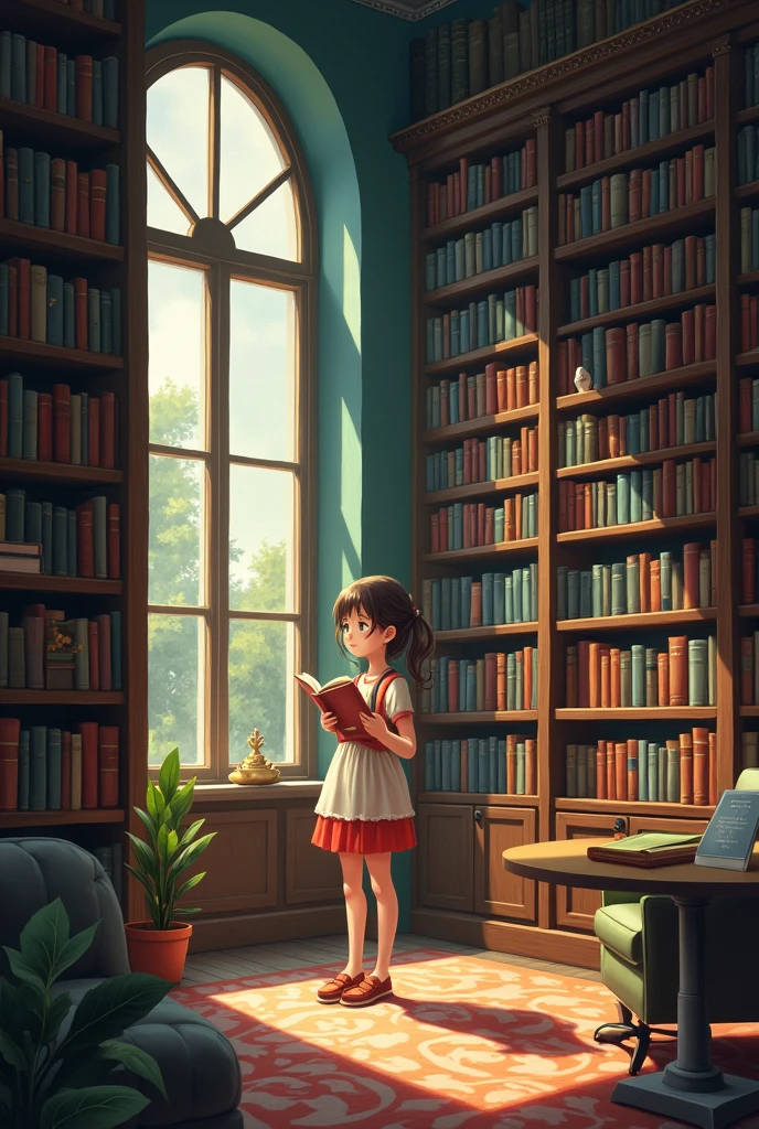 A room full of books, with just a girl in it reading