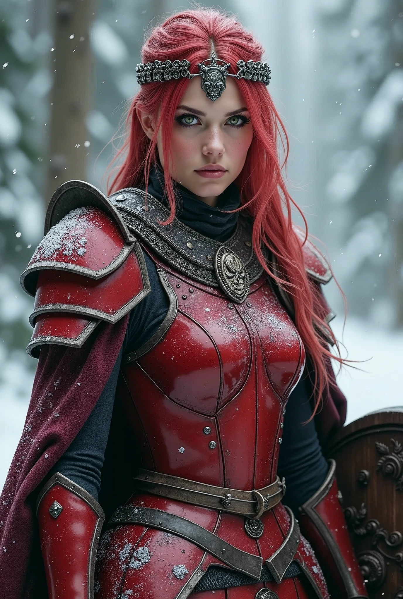 ((portrait, upper torso, armored female paladin, battle worn gloss red lacquered perfectchainmail armor:1.4, alabaster cloak, (((((big breasts))), [bright red hair:blonde hair:0.8]))), clear green eyes, blackout eyeshadow, iron circlet), braids, glowing radiant white skull engraved sword, shield, sparks, windy, outdoor frozen snow snowy forest, dynamic battle pose
