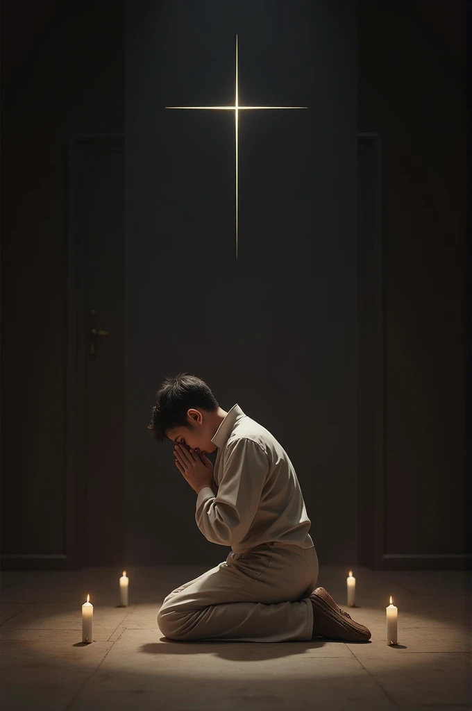 Generate me an image of the sitting on the knees and praying for God