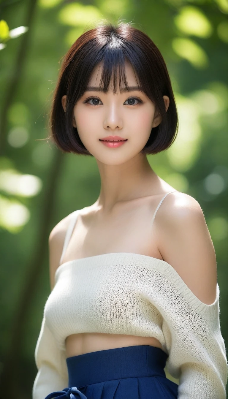 8k, Ultra-high resolution, Highest quality, masterpiece, 三分割法によるphotograph,Surreal, photograph, 1 Girl, (:1.3), pretty girl, Cute Face, 細部までBeautiful Eyes, 細かくdetailedに,masterpiece,One Girl:1.2,Japanese women,Young Wife,upper body,smile,Black hair,Bowl cut,(Summer knitwear:1.3),wood々Inside,Mountain trail,Summer sunshine,wood漏れ日,(Beautiful attention to detail),Subtle details, detailedな顔, smile,Attractive girl,(のポートレートphotograph:1.4),(Photorealistic images:1.4),Fantasy art,(Beautiful Face:1.4),Beautiful and attractive eyes、Beautiful Eyes、(Tight waist:1.4)、(Beautiful with perfect body proportions:1.4),Pink Lips,Looking at the audience,(((Ideal body type))),A-cup small breasts :2,、Portraiture:2、Perfect Anatomy、鮮明なdetailed、detailed,Fashion magazine cover,Thin lips,完璧でBeautiful Face ,完璧でCute Face, Skin with attention to detail, Perfect limbs、Narrow waist,Surreal,Light and shadow,dappled sunlight