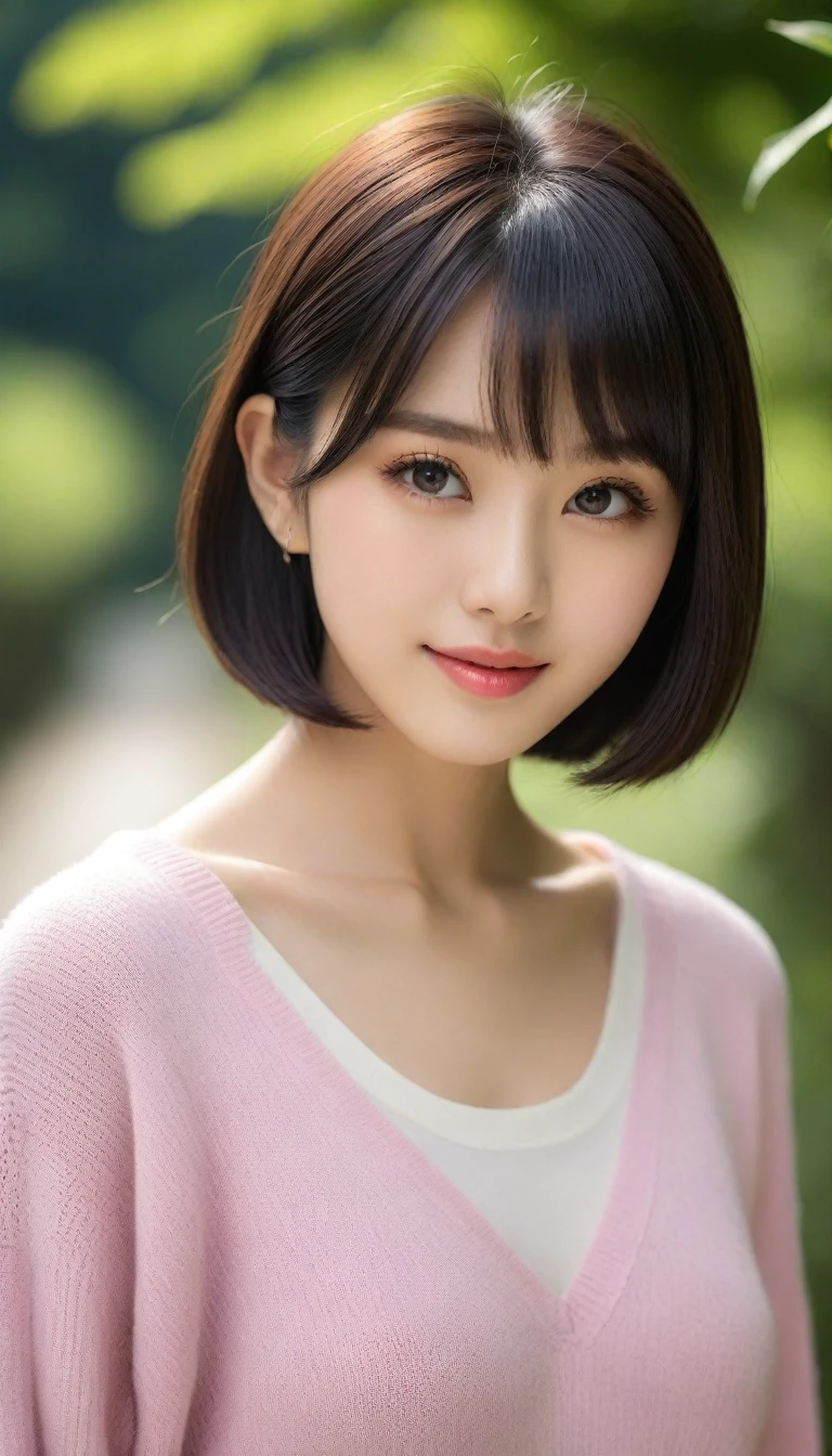 8k, Ultra-high resolution, Highest quality, masterpiece, 三分割法によるphotograph,Surreal, photograph, 1 Girl, (:1.3), pretty girl, Cute Face, 細部までBeautiful Eyes, 細かくdetailedに,masterpiece,One Girl:1.2,Japanese women,Young Wife,upper body,smile,Black hair,Bowl cut,(Summer knitwear:1.3),wood々Inside,Mountain trail,Summer sunshine,wood漏れ日,(Beautiful attention to detail),Subtle details, detailedな顔, smile,Attractive girl,(のポートレートphotograph:1.4),(Photorealistic images:1.4),Fantasy art,(Beautiful Face:1.4),Beautiful and attractive eyes、Beautiful Eyes、(Tight waist:1.4)、(Beautiful with perfect body proportions:1.4),Pink Lips,Looking at the audience,(((Ideal body type))),A-cup small breasts :2,、Portraiture:2、Perfect Anatomy、鮮明なdetailed、detailed,Fashion magazine cover,Thin lips,完璧でBeautiful Face ,完璧でCute Face, Skin with attention to detail, Perfect limbs、Narrow waist,Surreal,Light and shadow,dappled sunlight