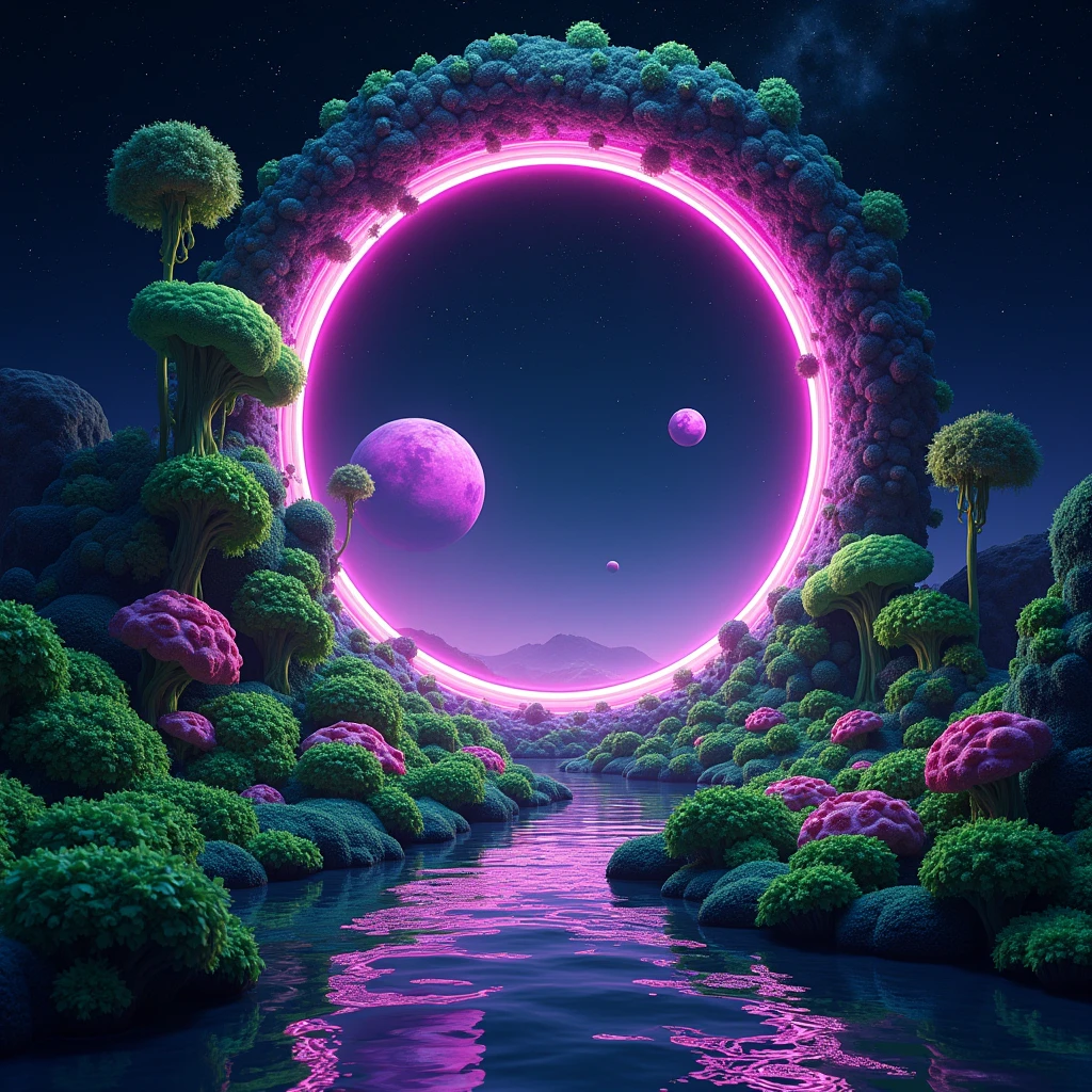 Round frame centered, Outer space, planets passing through the portal, neon colors green and violet, effect 3d, motion., strange plants .