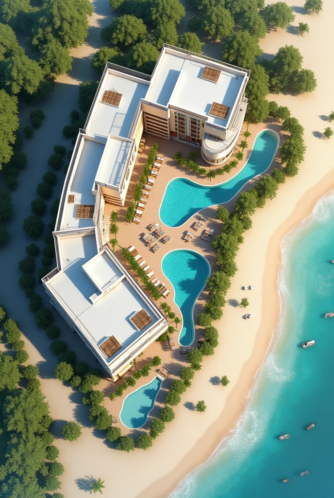 2D hotel plan on the beach which first shows the reception space The restaurant space The recreation space , Guest rooms with beds and everything, A SPA room, An area for people with disabilities, 3 swimming pools, Connection with green areas, This could be something like an open space and a pool for waste water outside the hotel., The L-shaped parking lot One part in front and the rest in the back.