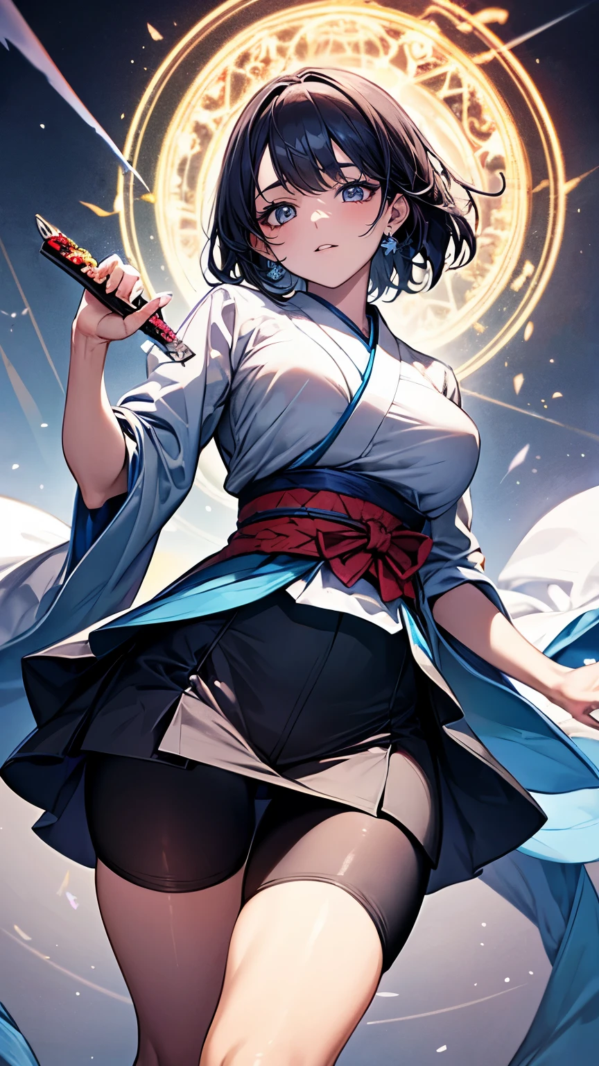 (Very delicate and beautiful:1.2)super model,,Beautiful breasts,voluptuous,【bike shorts】,,【3girls】,,Highest quality, High resolution, 8k,mini skirt,Japanese style,knife,Blue Flame.magic circle