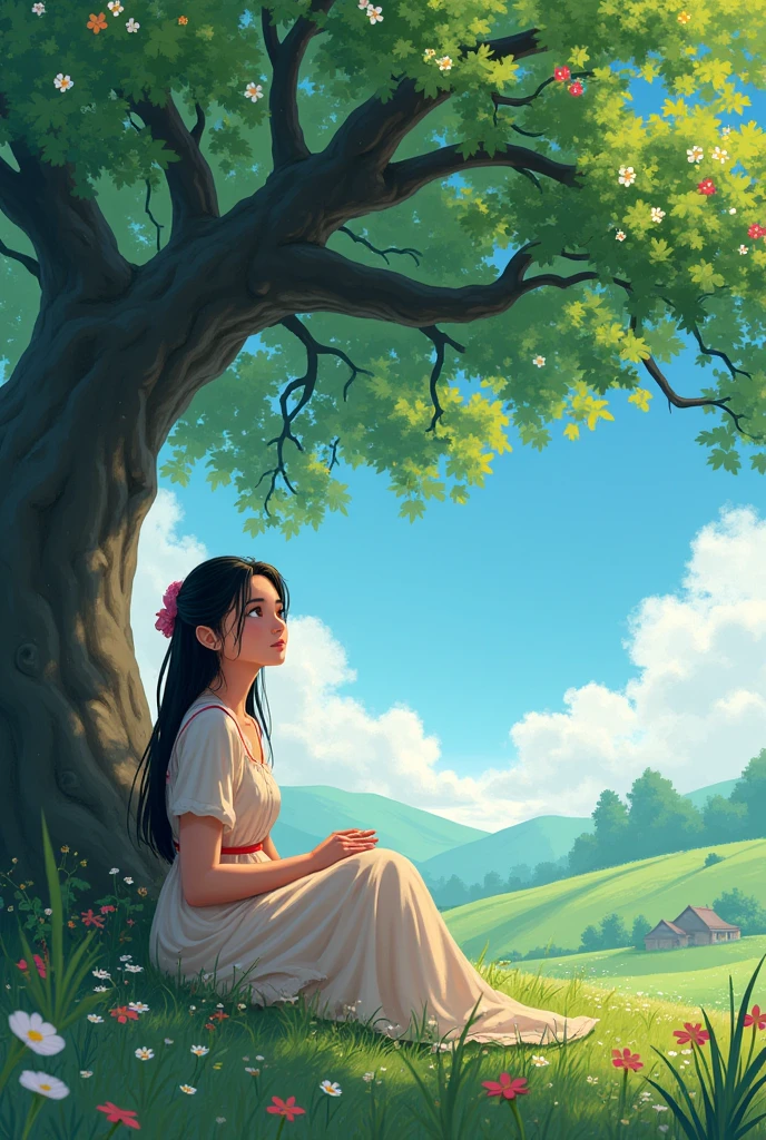 Rina is seen sitting under a tree in her village, looking up at the sky with a small smile, as if feeling her grandmother’s presence. The tree is full of green leaves and colorful blossoms, symbolizing hope and renewal.