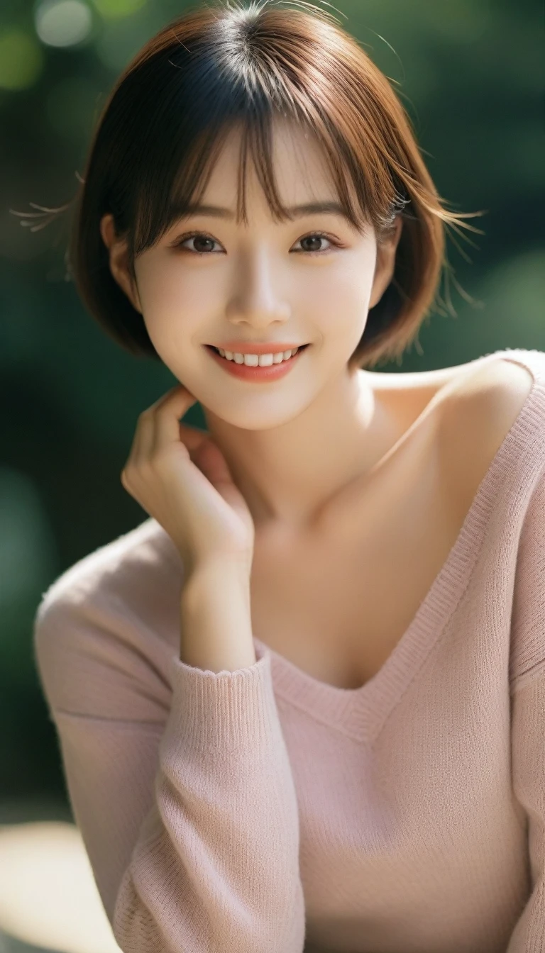 8k, Ultra-high resolution, Highest quality, masterpiece, 三分割法によるphotograph,Surreal, photograph, 1 Girl, (:1.3), pretty girl, Cute Face, 細部までBeautiful Eyes, 細かくdetailedに,masterpiece,One Girl:1.2,Japanese women,Young Wife,upper body,smile,Black hair,Bowl cut,(Summer knitwear:1.3),wood々Inside,Mountain trail,Summer sunshine,wood漏れ日,(Beautiful attention to detail),Subtle details, detailedな顔, smile,Attractive girl,(のポートレートphotograph:1.4),(Photorealistic images:1.4),Fantasy art,(Beautiful Face:1.4),Beautiful and attractive eyes、Beautiful Eyes、(Tight waist:1.4)、(Beautiful with perfect body proportions:1.4),Pink Lips,Looking at the audience,(((Ideal body type))),A-cup small breasts :2,、Portraiture:2、Perfect Anatomy、鮮明なdetailed、detailed,Fashion magazine cover,Thin lips,完璧でBeautiful Face ,完璧でCute Face, Skin with attention to detail, Perfect limbs、Narrow waist,Surreal,Light and shadow,dappled sunlight