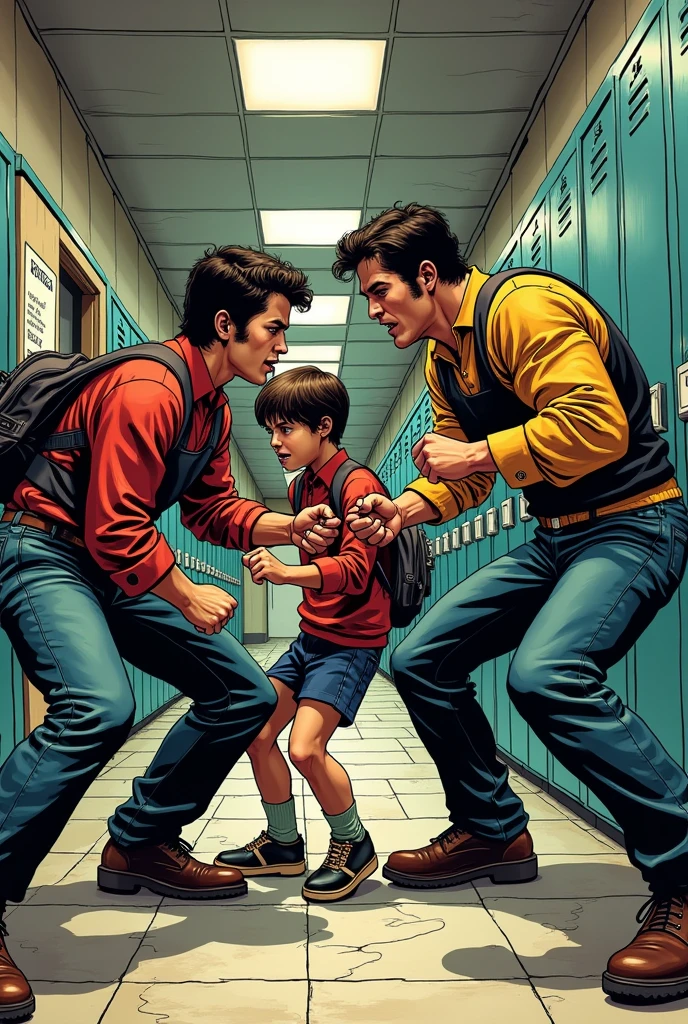 Bullies harassing and hitting a student, 70's comic style