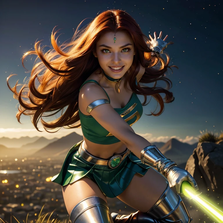 (masterpiece, best quality:1.5), highest quality, High resolution, super detailed, Realists, Full body photo of 18-year-old Starfire from Teen Titans, detailed and beautiful green eyes, beautiful detailed lips, very detailed eyes and face, longeyelashes, additional eyebrows in the forehead area, Beautiful and colorful makeup, Fighting Pose, dark red hair, slightly orange skin, bright daylight, bright colors, fine brushstrokes, Portrait style, beautiful color palette, glowing skin, First-class rendering, that captures every detail, enchanting atmosphere, (perfect anatomy:1.2), (The stunning Starfire wears a dark blue top, silver skirt and dark blue overknee boots.Animated series Teen Titans 2003, Starfire flies through the air, Energy glows green in her hands. She smiles with joy Panoramic view:1.2)