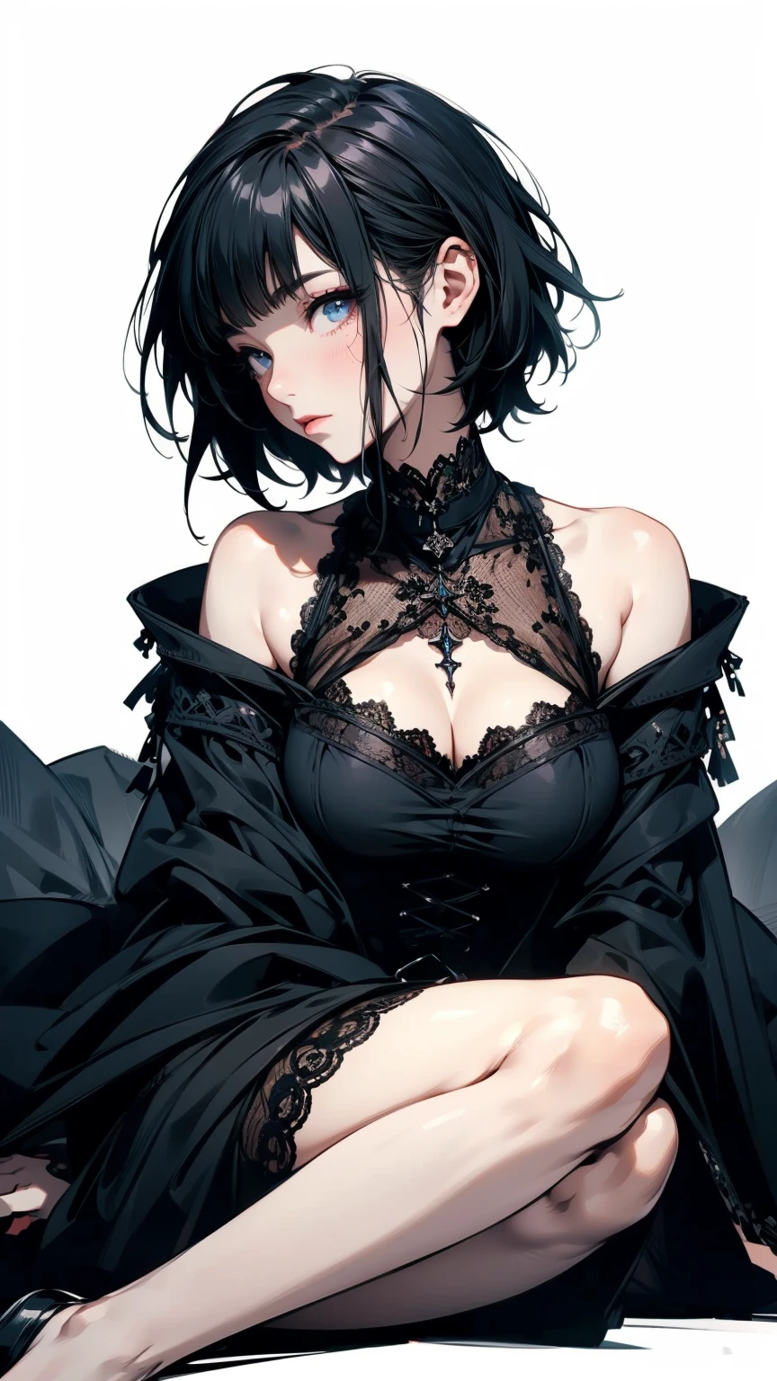 Angle from below, Woman sitting on the ground, Black asymmetrical short hair, Goth Fashion with Lace, White background:1.5, Anime Style, Simple lines, Digital Painting, (masterpiece, High resolution, Highest quality)