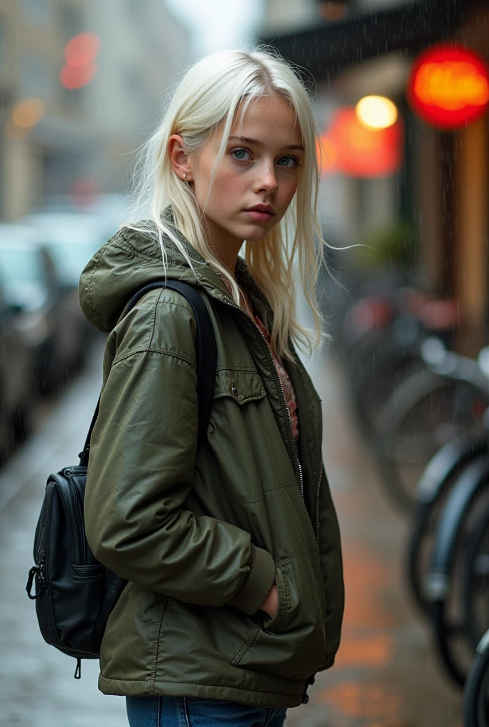 beautiful girl , soft butt and breasts sticking out in plain sight, Very pretty, green eyes, White hair, ruddy skin, standing at a bike shop and picking his butt with his finger, morning, Rain,