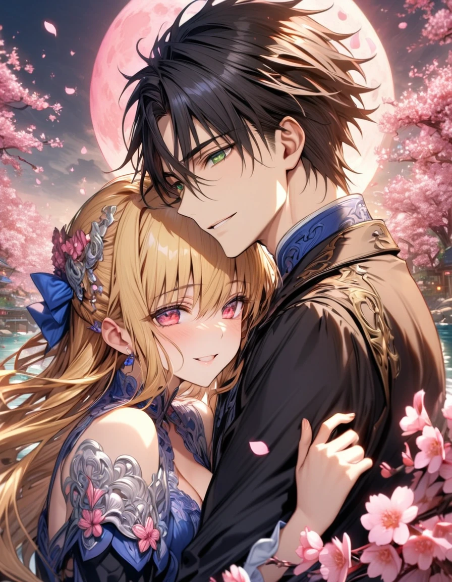 absurdres, highres, ultra detailed, HDR, master piece, best quality, extremely detailed face, delicated features, Xue Yu, black hair, messy hair, hair between the eyes, expressive red eyes, Fate Stay Night, Saber, blonde hair, expressive green eyes, a handsome man together with a beautiful woman, couple, smiling, blue dress, black coat, fantasy, magical, cherry blossoms, pink flowers, pink butterflies, pink petals, water, pink moon