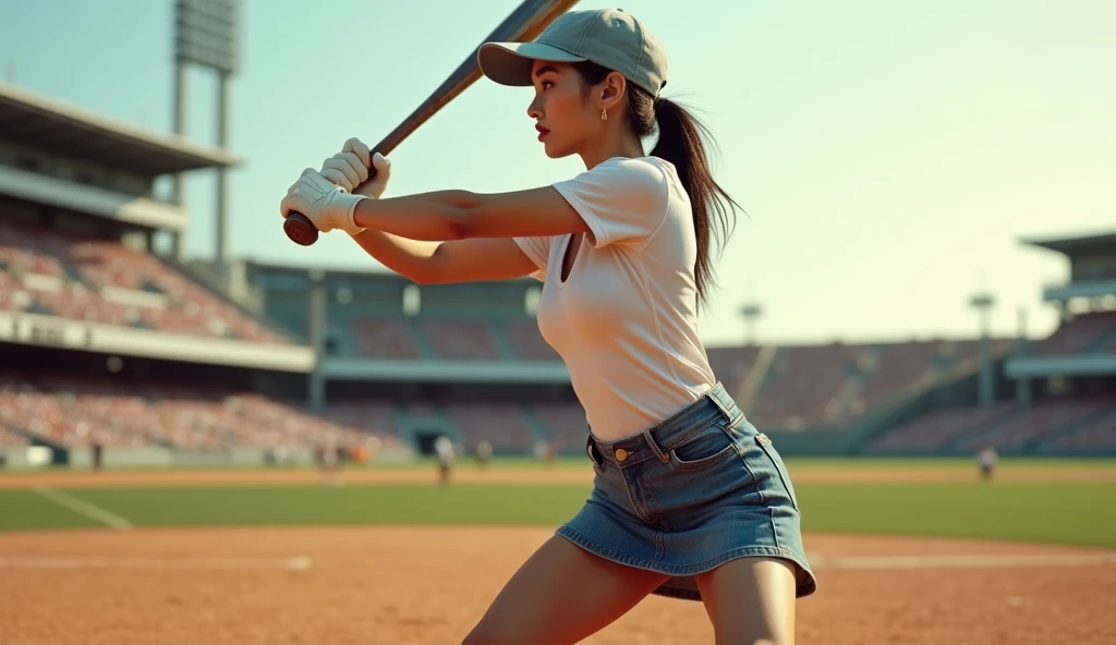 Bat Swinging Pose, young women, denim skirt, turned cap, centerfield, hard sun, empty stadium, clear sky, hitting the ball, epic realistic, very detailed face