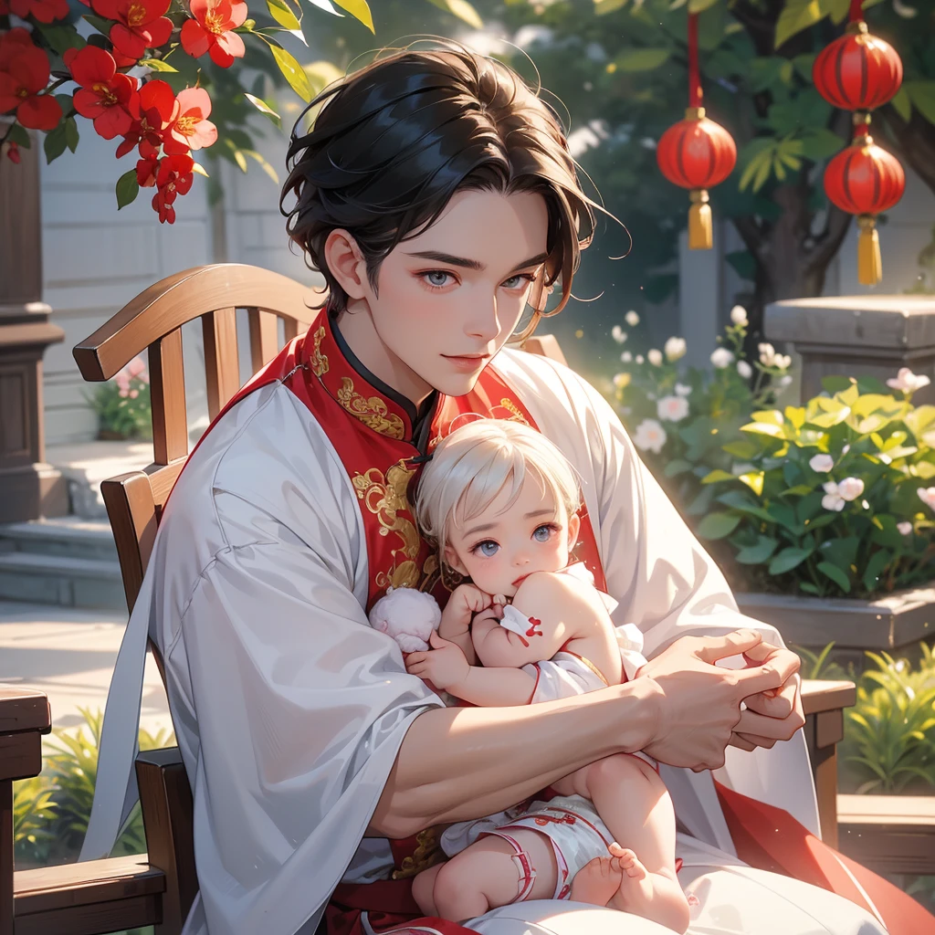 a handsome young man with good face and gentle face, wearing a white ancient Chinese costume, sitting on chair, hugging his adorable Chibi baby girl 1 year old, who is 1 year old, with black hair in a red Chinese new year costume, int he morning, there is sunlight shining in the front yard garden , smiling.