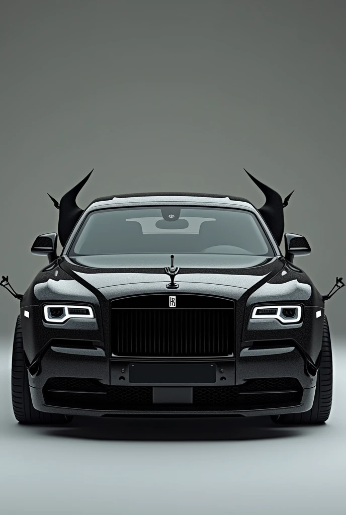 Black rolles roys , replacement rolles roys logo to cobra snake , replace dragon eye for headlight ,guns on car left and right, 640x960 pixels , with car bumper, wings on car back