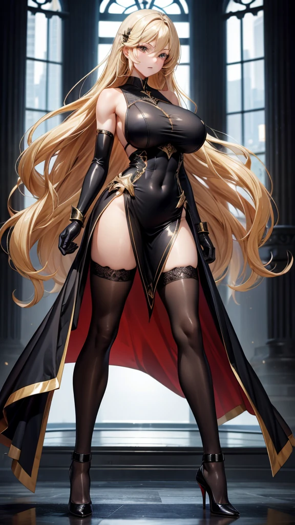 Adult woman with long blond hair and huge breasts，hairpin，Black evening dress，Bare arms，Abdominal muscles，muscle，Bare Legs，black stockings，high heels，Standing，palace wave windows