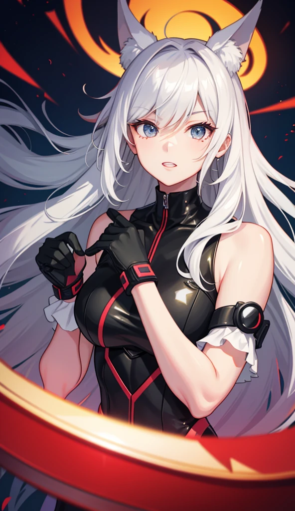 Masterpiece, Best Quality, Highly detailed, illustration, absurdres, street fighter, doll suit, shadaloo doll, nazi saluting, military, military saluting, salute, 1 girl, solo, expressionless, emotionless eyes, looking at viewer, red gloves, emotionless, black latex, corrution, zofa suit, zofa soldier, mind control, female combatant, full body, hypnotized, standing, standing at attention, unhappy trance, full body suit, Blazing Cartesia, the Virtuous, yu-gi-oh, red eyes, white-hair, white skin