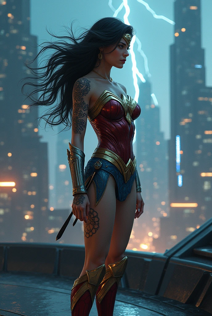 Wonder Woman full of tattoos on a futuristic ship in a cyber punk city on a lightning night