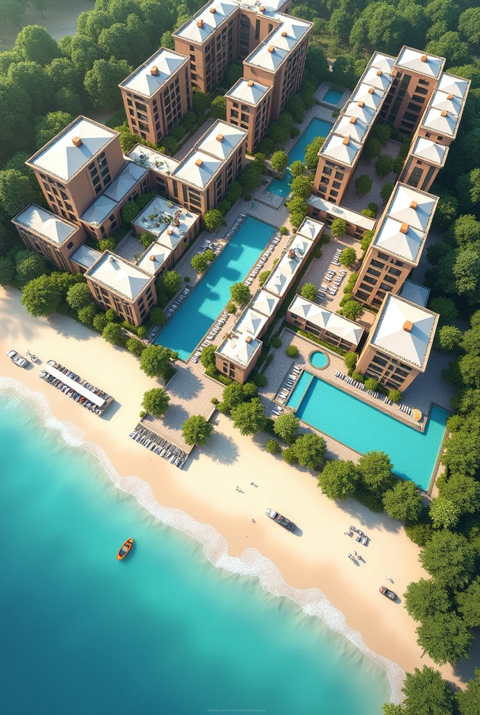 2D hotel plan on the beach which first shows the reception space The restaurant space The recreation space , Guest rooms with beds and everything, A SPA room, An area for people with disabilities, 3 swimming pools, Connection with green areas, This could be something like an open space and a pool for waste water outside the hotel., The L-shaped parking lot One part in front and the rest in the back.