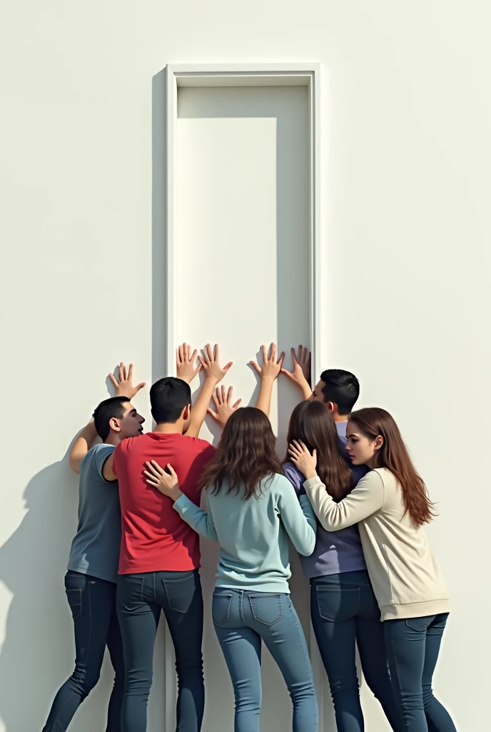 Casually dressed men and women knocking in distress at a narrow white door closed without any extra fingers