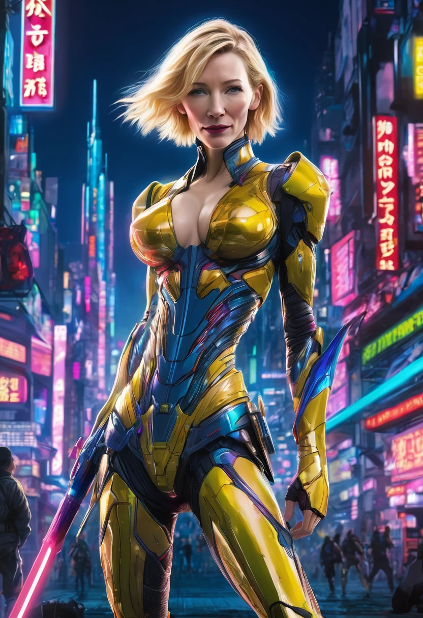 A cute woman (cate blanchett, sagging breasts), neon trim sexy battle suit, wielding an enormous laser sword, Neo Tokyo at night
