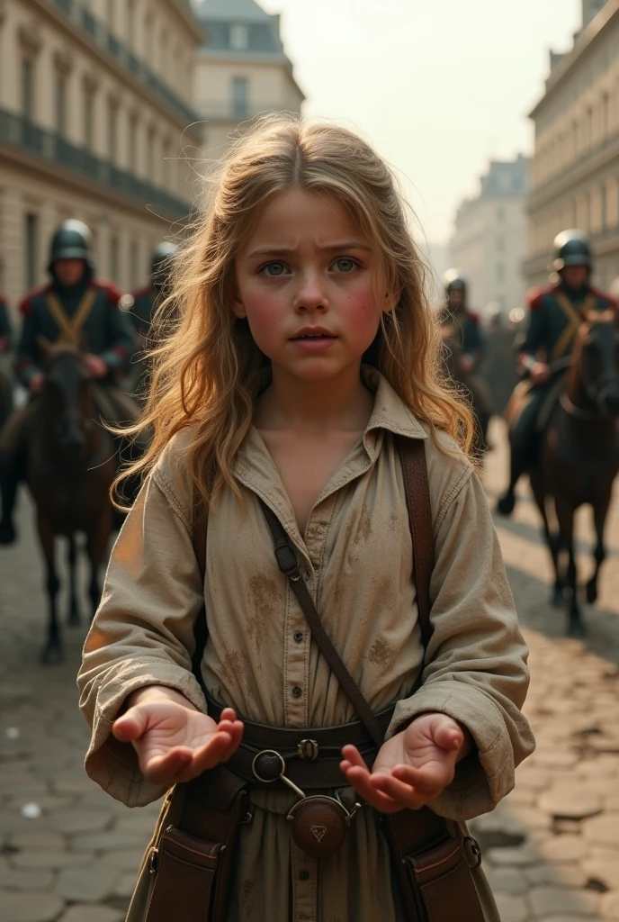 During the French Revolution,18 century ,Begging on the street、Wearing rags、The face is dirty, Poor girl, Beautiful young farm girl, Gold hair, Streets of Paris, Napoleon's soldiers are marching, accurate, anatomically correct, textured skin, beautiful fingers super detail, high details, high quality, UHD, accurate, anatomically correct, textured skin, beautiful fingers super detail, high details, high quality, best quality