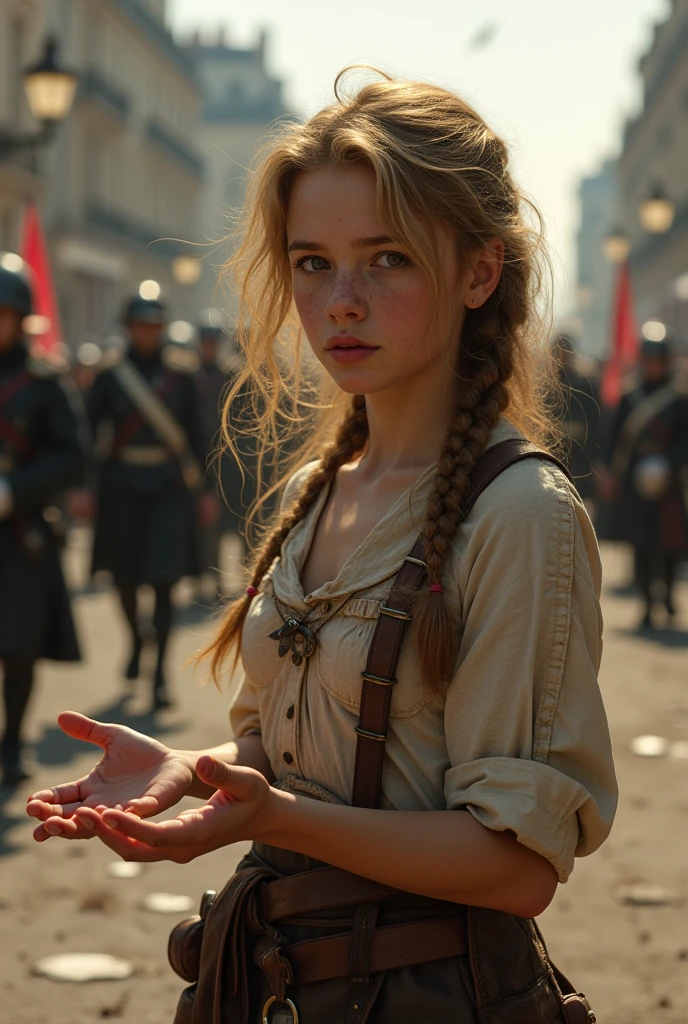 During the French Revolution,18 century ,Begging on the street、Wearing rags、The face is dirty, Poor girl, Beautiful young farm girl, Gold hair, Streets of Paris, Napoleon's soldiers are marching, accurate, anatomically correct, textured skin, beautiful fingers super detail, high details, high quality, UHD, accurate, anatomically correct, textured skin, beautiful fingers super detail, high details, high quality, best quality