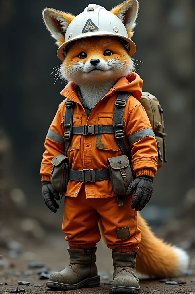 Culpeo fox dressed as a miner with a white helmet, orange jacket and safety shoes