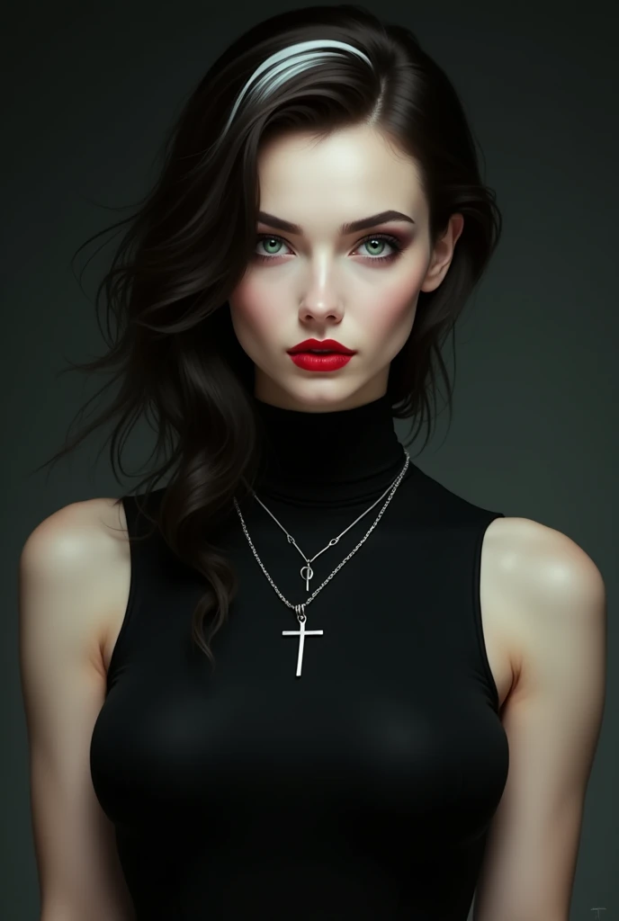 A woman with pale skin, brunette hair with a white streak in the front, bright green eyes, slim body with medium breasts, wearing a black turtleneck tank top, wears a silver necklace with a cross pendant and wears red lipstick