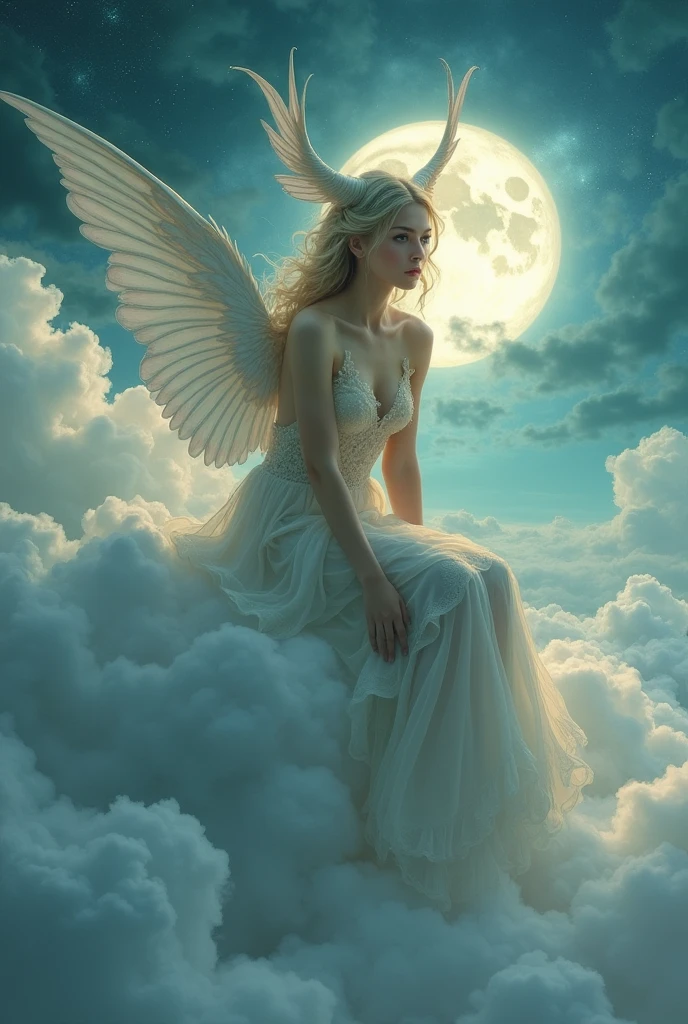 ((Best Quality)), ((first work)), (detailed), ((new)), seductive succubus, ethereal beauty, perched on a cloud, (fantasy illustration: 1.3), charming look, captivating pose, delicate wings, Supernatural charm, mystical sky, (Luis Royo:1.2), (Yoshitaka Amano:1.1), Moon night, Soft colors, (paisaje de nubes detailed:1.3), (High resolution:1.2)