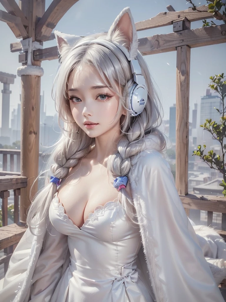 ((face, style)).((masterpiece:1.5))((1 girl, alone、Woman wearing giant headphones:1.5、Fur coat、Detailed face、Big Eyes、Bright expression、small breasts, cleavage、Best Looks、Ultimate beauty、Shiny silver hair with highlights、明るい and shiny hair,、Modern Hairstyles、Hair dancing in the wind))(morning、indoors)Please look away from here、Beautiful profile, IncrsHeadphones
