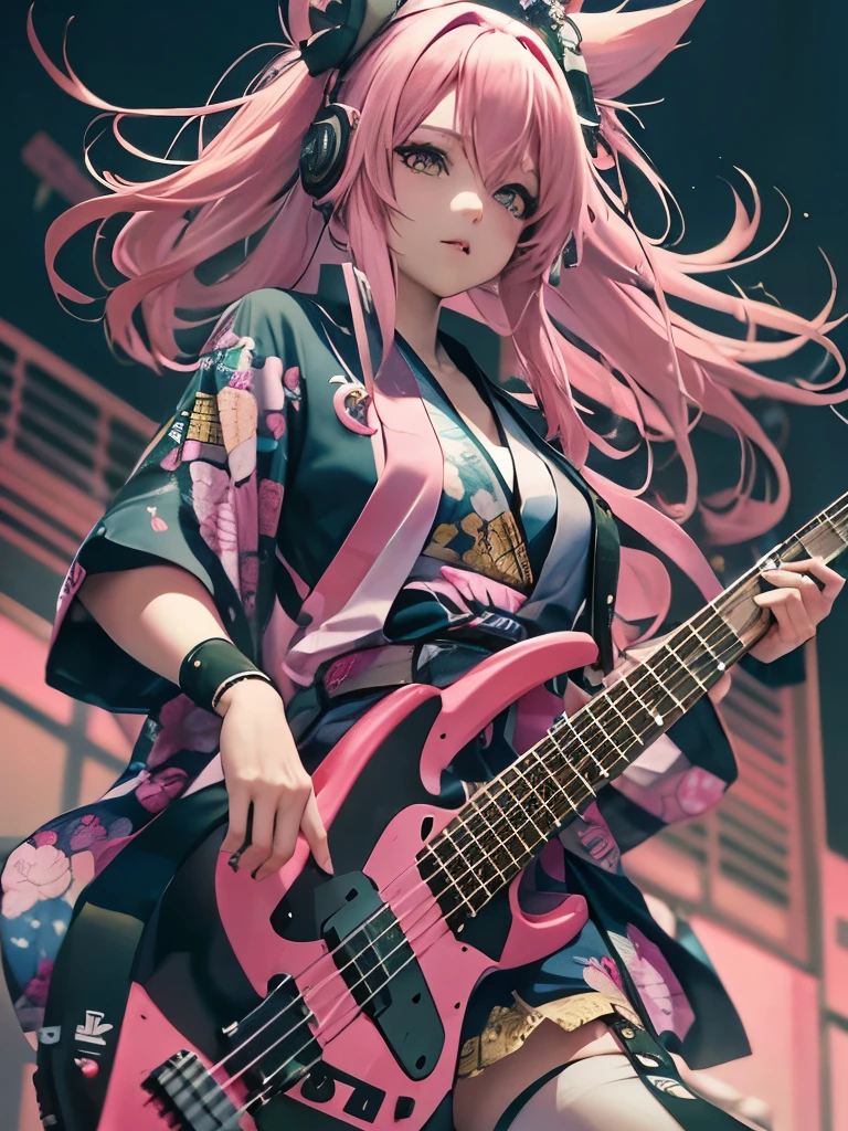 Full body of an anime girl with pink twin-tailed hair wearing a Japanese kimono and playing a bass guitar on stage at a cyberpunk festival