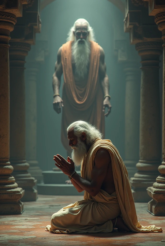 Generate me an image of the sitting on the knees and praying for Hindu god