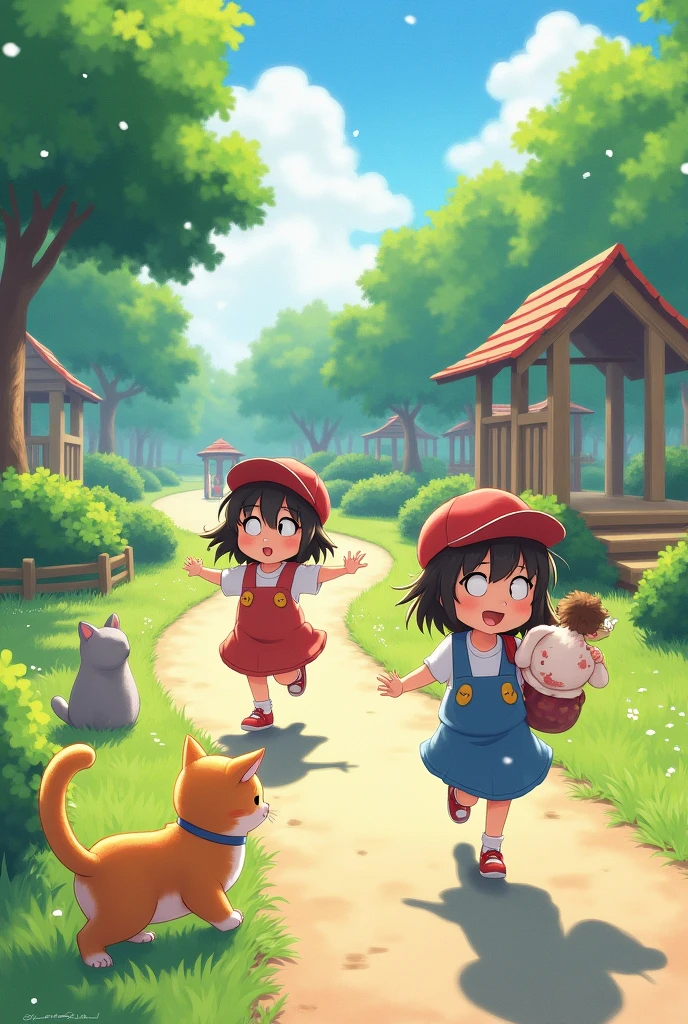 The energetic Miki, the timid Take, and the cat Mike were playing in the park as usual.。