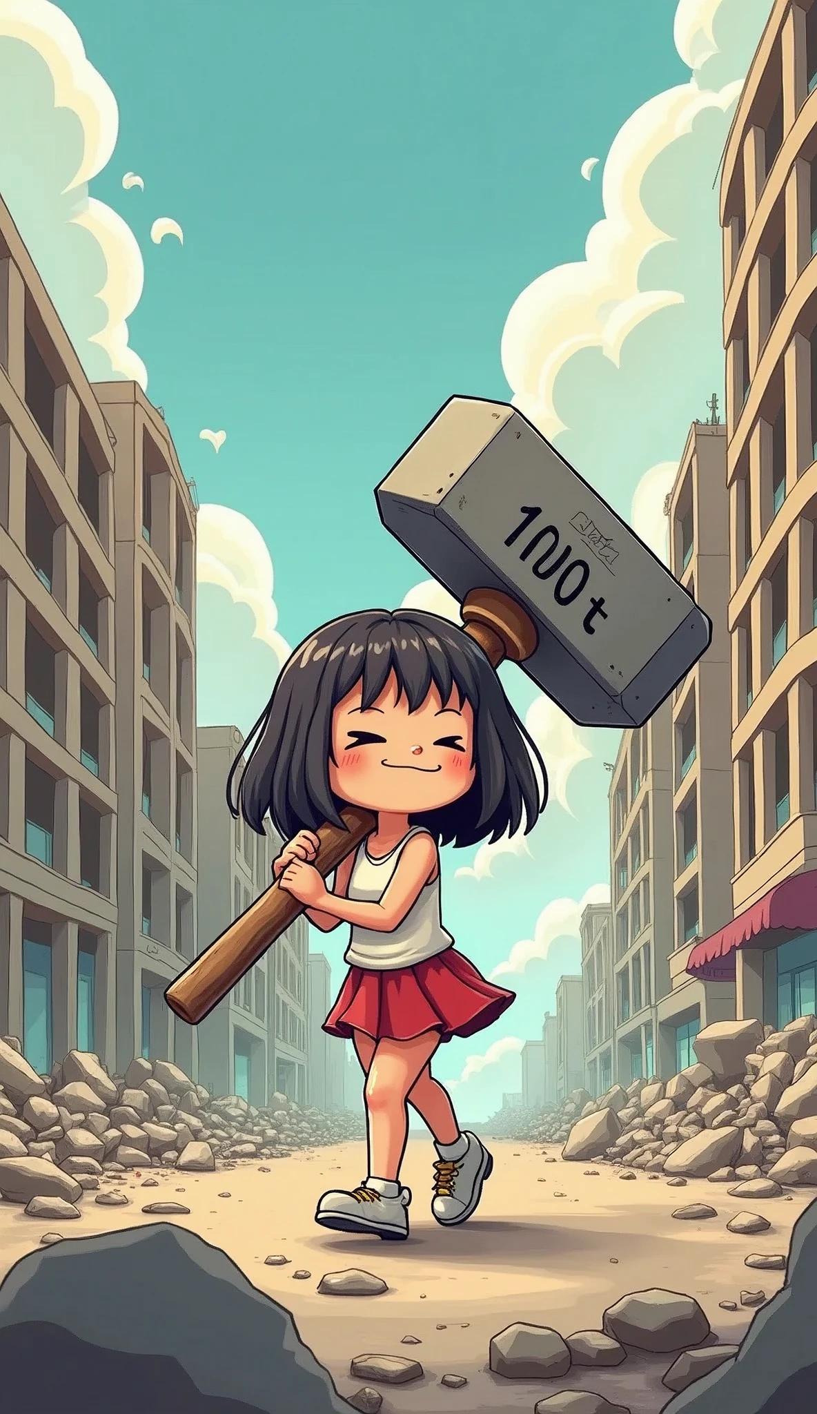 chibi, cute girl walking with a hammer as big as a skyscraper, hammer has "100t" written on it, city turned into rubble, funny deformed cartoon art