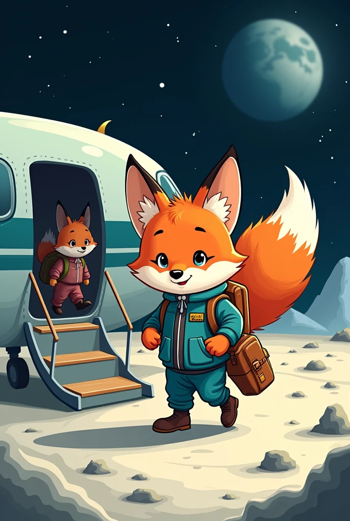 A fox gets off a plane on the moon in a cartoon