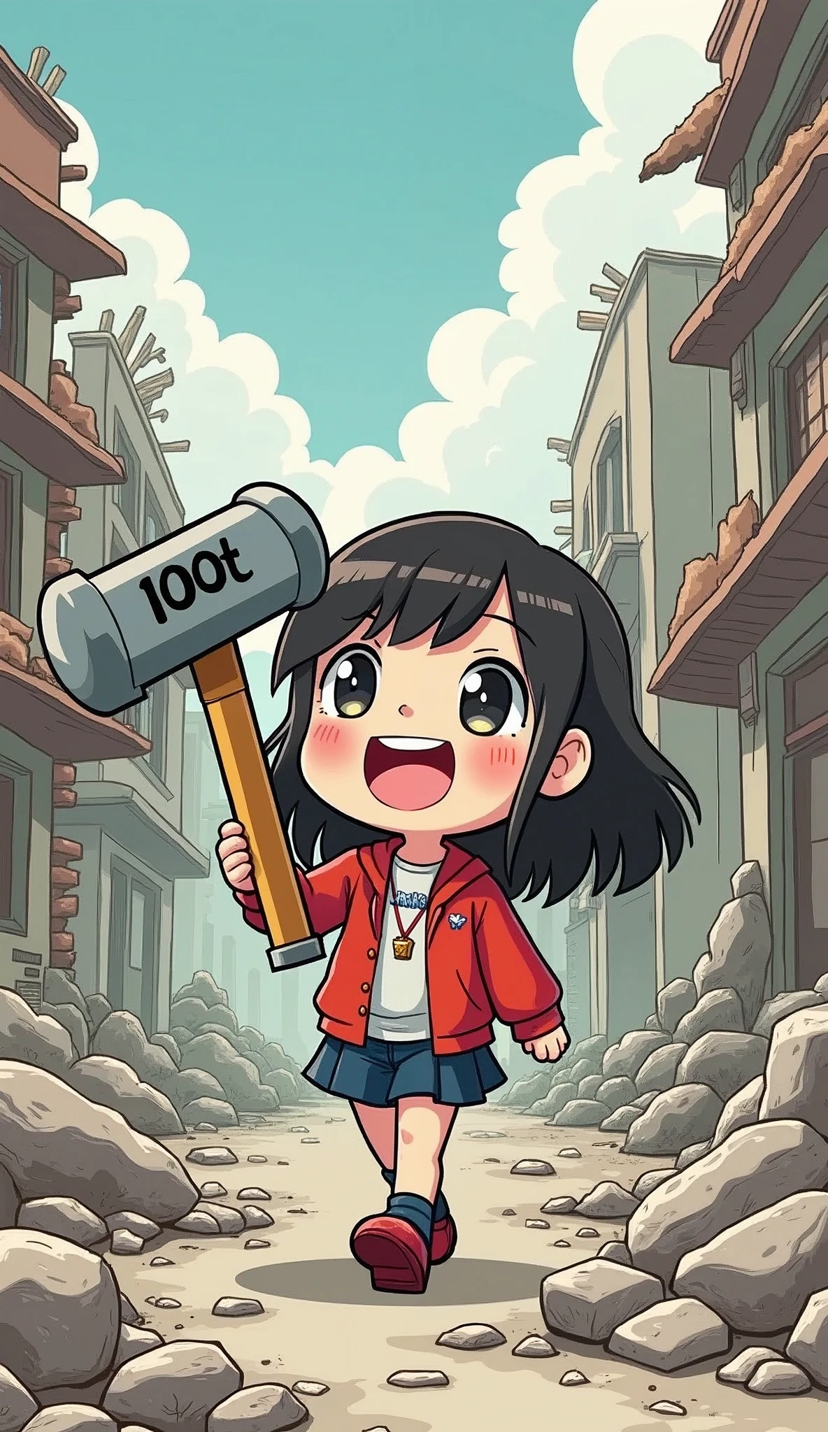 chibi, cute girl walking with a hammer as big as a skyscraper, hammer has "100t" written on it, laughing happily, city turned into rubble, funny deformed cartoon art