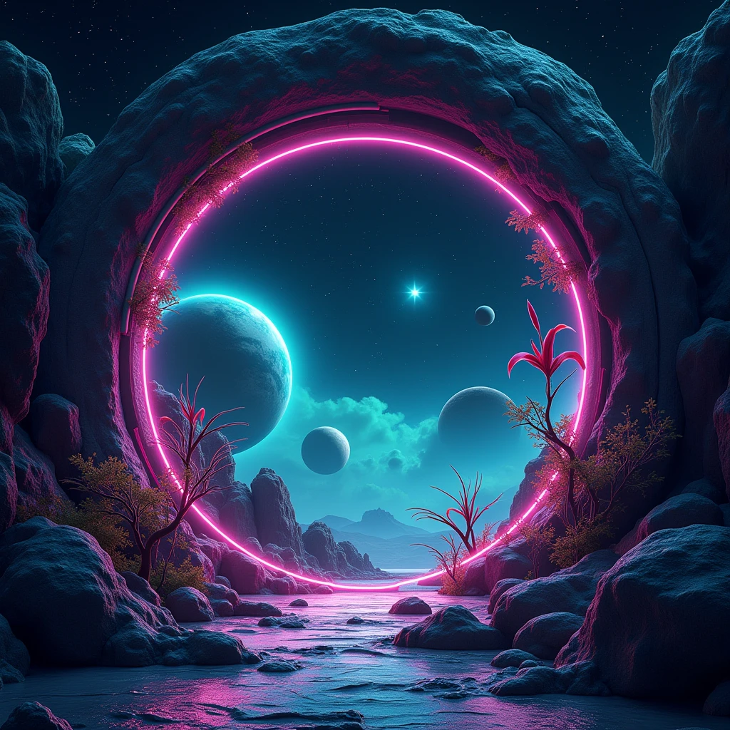 Round frame centered, Outer space, planets passing through the portal, neon colors green and violet, effect 3d, motion., strange plants .