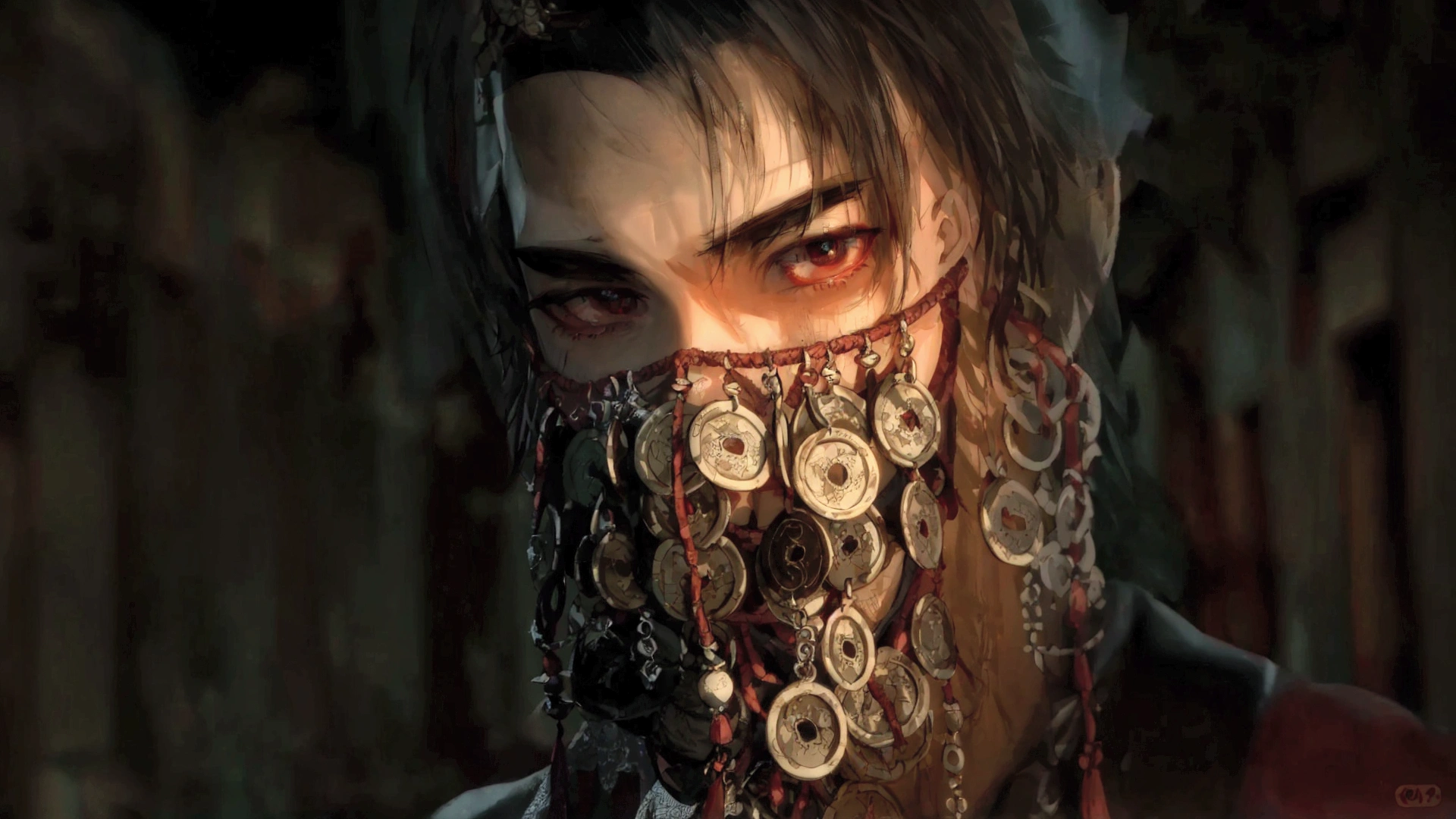 A close-up image of a mysterious figure wearing a traditional veil made of ancient Chinese coins, intricately tied together with red strings. The figure's intense, piercing eyes are visible above the veil, conveying a sense of deep emotion or hidden power. The veil is detailed with metallic textures, with each coin bearing a square hole in the center, characteristic of traditional Chinese currency. The lighting is low and moody, casting subtle shadows on the figure's face, emphasizing the sharpness of their gaze and the intricate design of the veil. The overall atmosphere is dark, enigmatic, and somewhat foreboding, suggesting a character steeped in mystery and ancient lore.