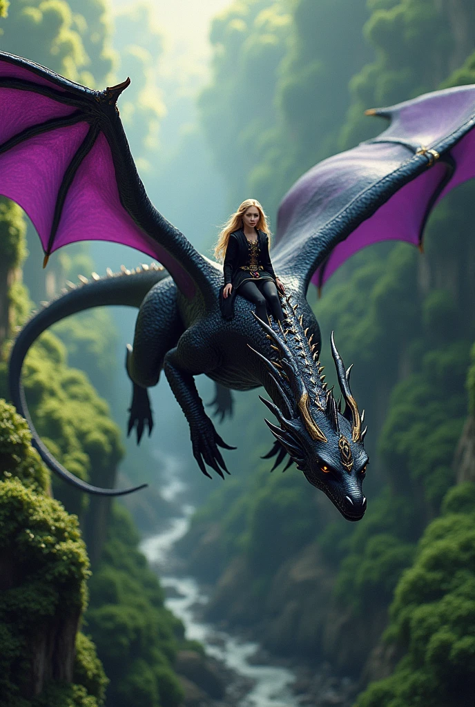 Create the image of a black dragon with purple and gold flying over the forest and a blonde girl dressed in black on it