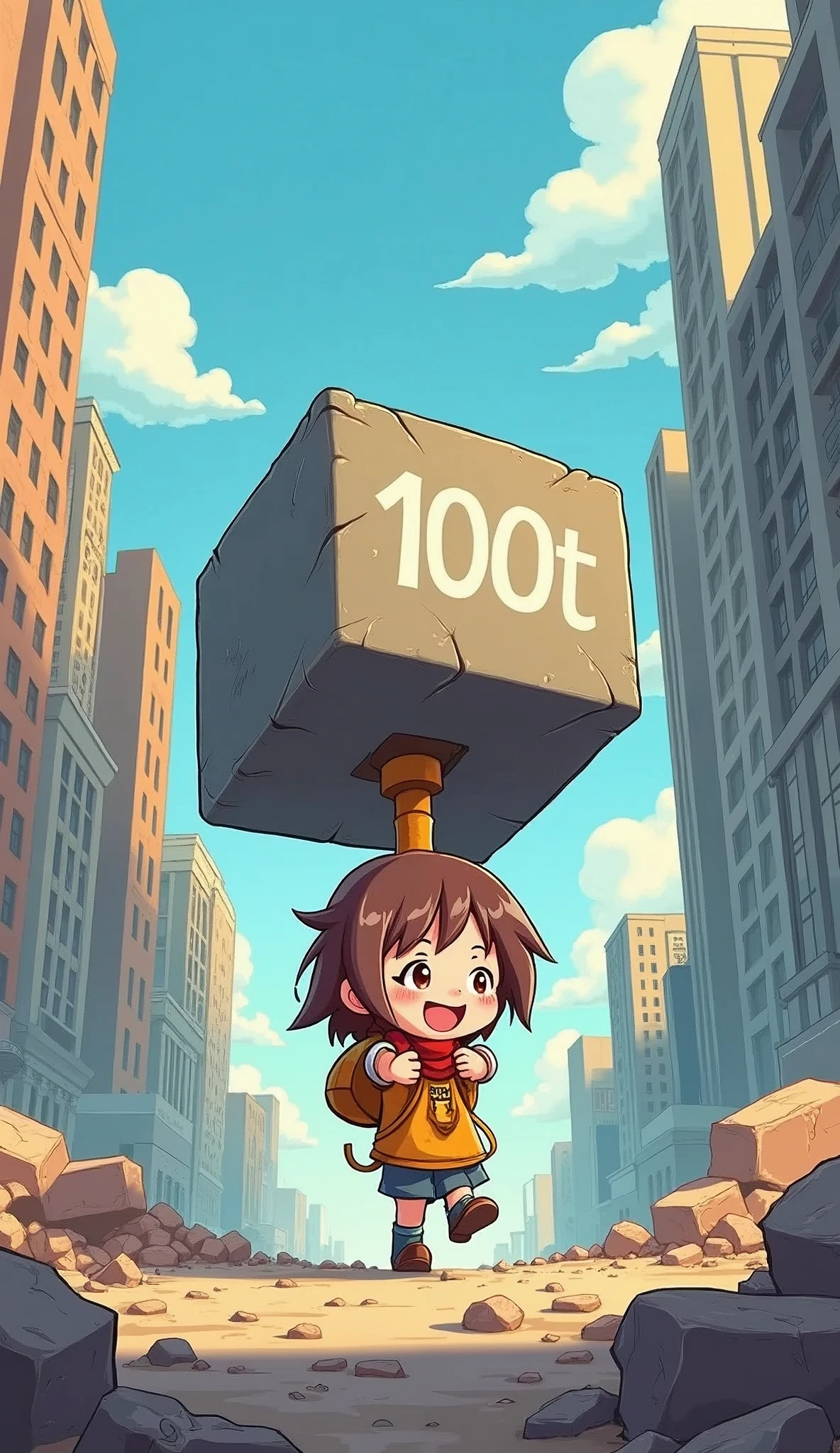 chibi, cute girl walking with a hammer as big as a skyscraper, hammer has "100t" written on it, laughing happily, city turned into rubble, illustration art