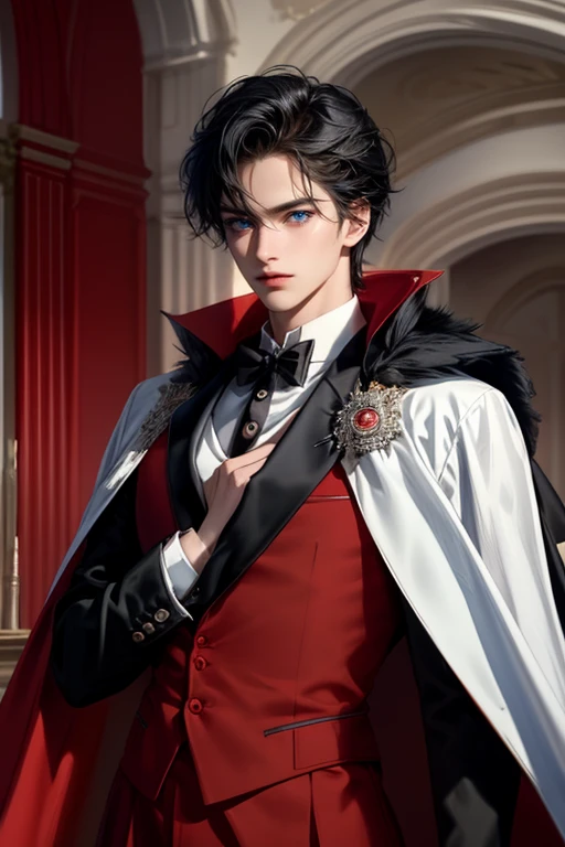 masterpiece, 最high quality, high quality, 1 boy, alone, Male focus, Watching the audience,  Messy black hair, Adorable big blue eyes, White, Noble, Noble,A sexy, voluminous, puffy cape、tuxedo、A very voluminous, large, very large, very large, long, long red and black cape with a high stand-up collar, made of a lot of fabric that reaches down to the floor., ,Cute beautiful boys,Cute, cute, kind, handsome guy