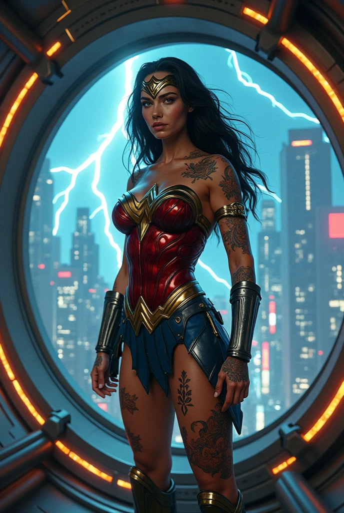 8K, Best Quality, Masterpiece, Ultra High Resolution,(Ultra-detailed face, Eyes wide open:1.3), (Wonder woman: 1.5), (upper body image:1.3), (looking back to viewer: 1.5),(tattoo on back: 1.5), (highly detailed CG unity 8k wallpaper), (best illustration), (best shadows), isometric 3D , octane rendering, ray tracing, highly detailed, Wonder woman with spacemap tattoo on back, space city background view
