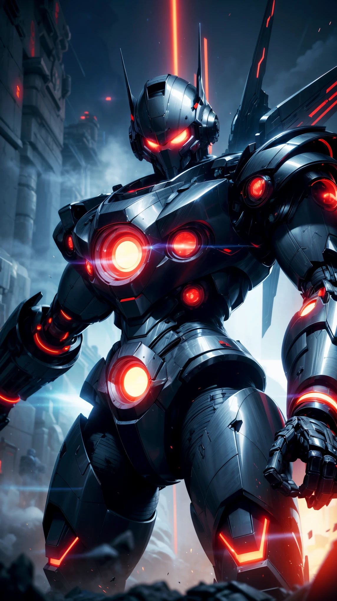 a gigantic futuristic mecha with a massive energy cannon, intricate mechanical details, gleaming metal armor, intense red and blue lighting, cinematic dramatic composition, dynamic pose, 8k, photorealistic, highly detailed, cinematic lighting, volumetric fog, depth of field, dramatic lighting, stunning sci-fi environment, intricate machinery, glowing energy core