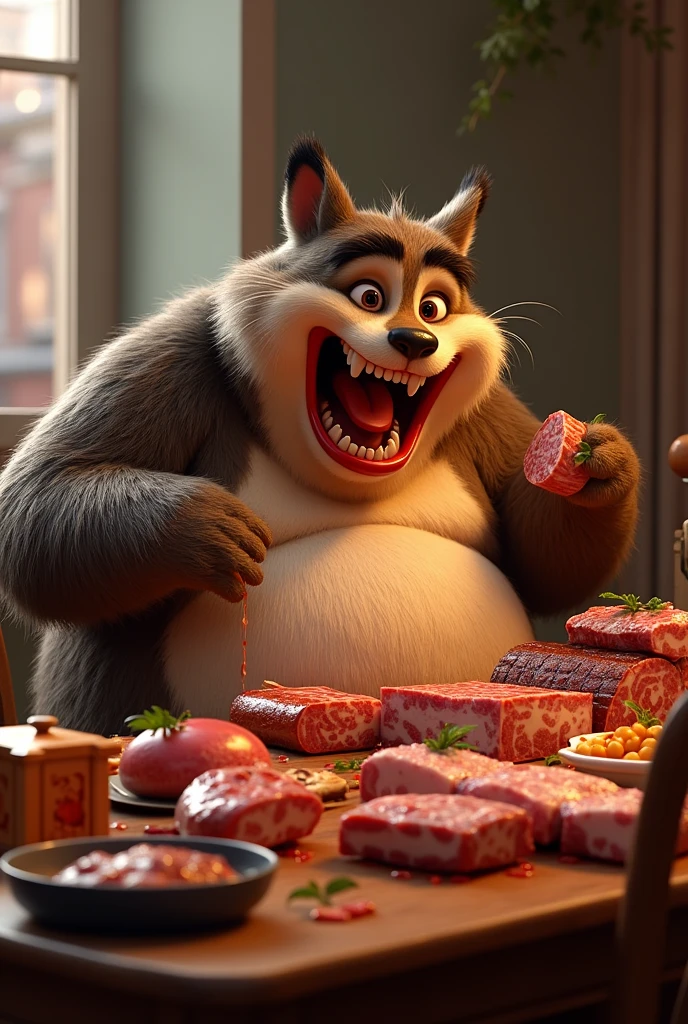 Very fat Nick Wilde eating meat in a table full of meat, Furry, gigantbelly.