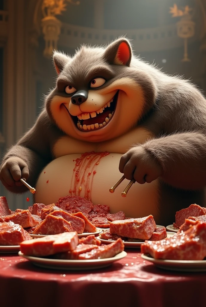 Very fat Nick Wilde eating meat in a table full of meat, Furry, gigantbelly.