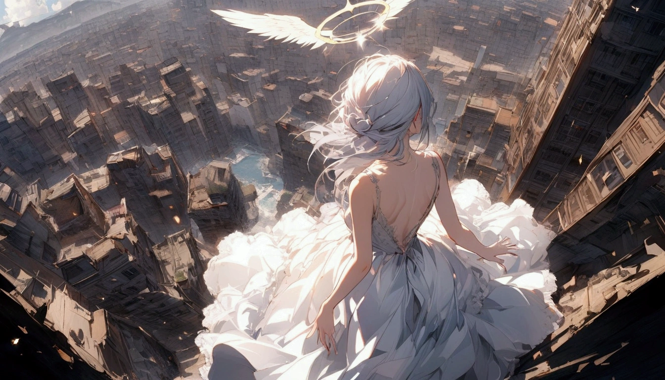 
a (Rear view:1.5) A very beautiful female angel\(Long platinum hair, wide back white dress,Big beautiful white wings seen from behind,Very beautiful shining halo\), She spreads her arms wide and tenderly as if asking for help., She&#39;s on the clouds、Looking down at the world below, Fierce war\(Lots of fires of war,fail,weapons\(Fighter\) Many buildings collapsed, Nature is destroyed, Magnificent and spectacular views\) It&#39;s happening under the clouds, BREaK ,quality\(8k,非常に精細なCGユニットのwallpaper, masterpiece,High resolution,top-quality,top-quality real texture skin,Surreal,Increase the resolution,RaW photos,最高quality,Very detailed,wallpaper,Cinema Lighting,Ray-tracing,Golden Ratio\),[Browsing Caution],Dynamic Angle,[Browsing Caution],From above