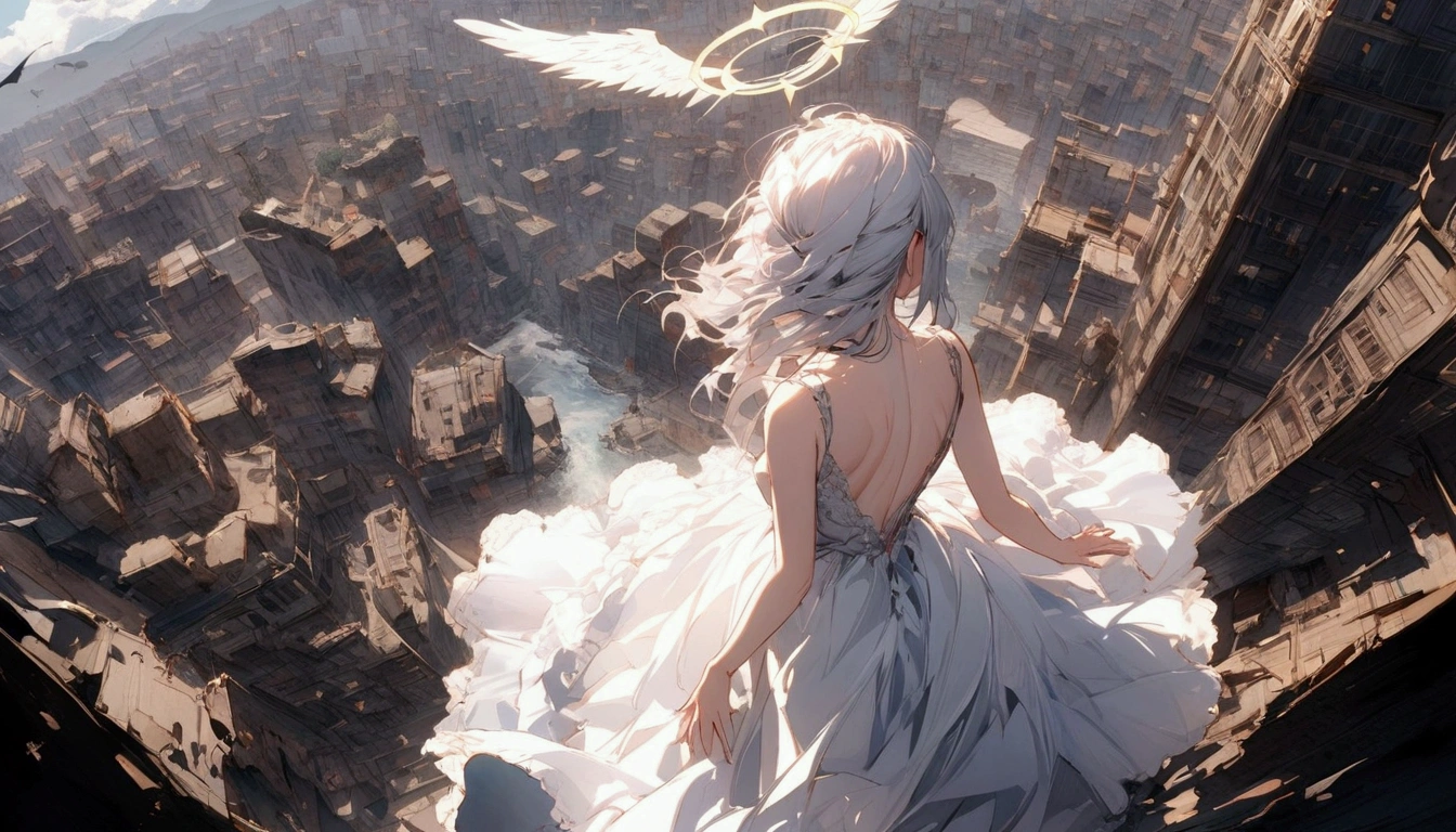 
a (Rear view:1.5) A very beautiful female angel\(Long platinum hair, wide back white dress,Big beautiful white wings seen from behind,Very beautiful shining halo\), She spreads her arms wide and tenderly as if asking for help., She&#39;s on the clouds、Looking down at the world below, Fierce war\(Lots of fires of war,fail,weapons\(Fighter\) Many buildings collapsed, Nature is destroyed, Magnificent and spectacular views\) It&#39;s happening under the clouds, BREaK ,quality\(8k,非常に精細なCGユニットのwallpaper, masterpiece,High resolution,top-quality,top-quality real texture skin,Surreal,Increase the resolution,RaW photos,最高quality,Very detailed,wallpaper,Cinema Lighting,Ray-tracing,Golden Ratio\),[Browsing Caution],Dynamic Angle,[Browsing Caution],From above